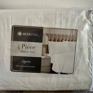 New White 4 Piece Queen Sheet Set Bedding pillow sham flat fitted